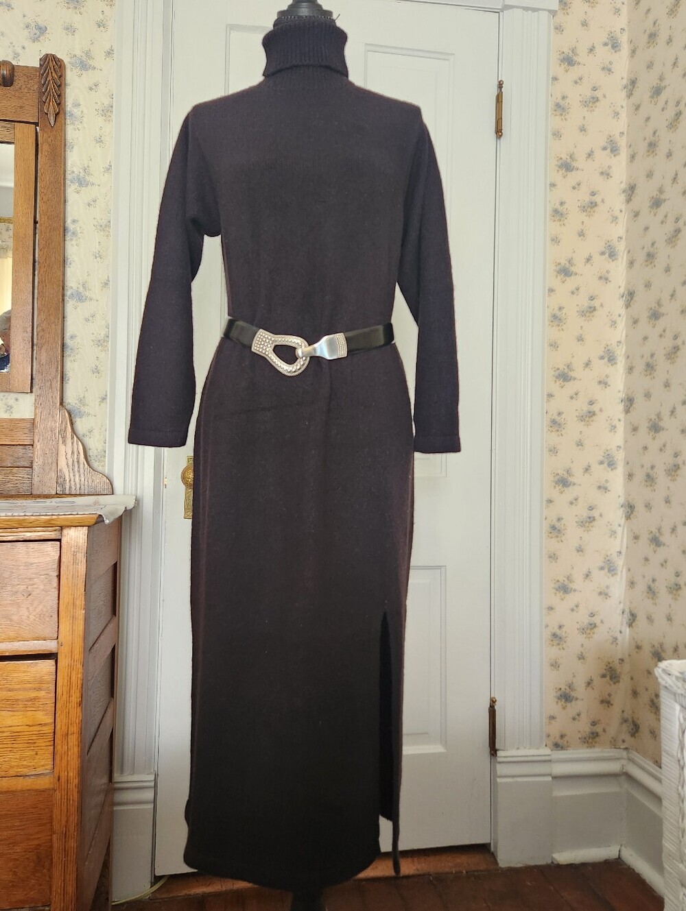 100% American Cashmere Long Black Slitted Turtleneck Dress Sz XL